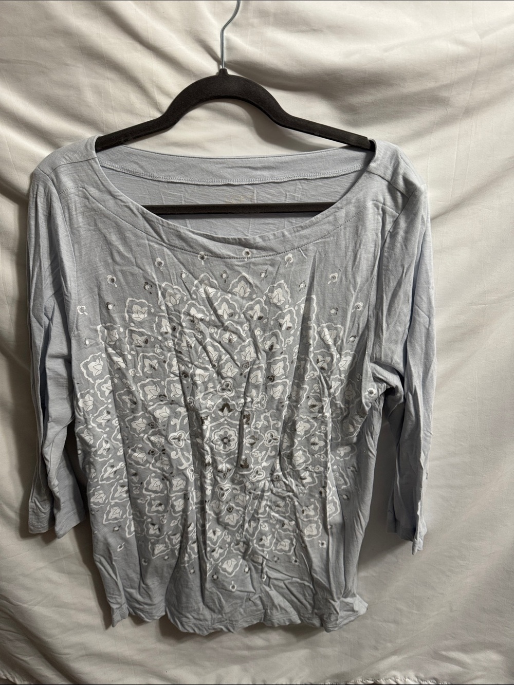 Light blue boat Neck Long Sleeve Top with White Mandala Print